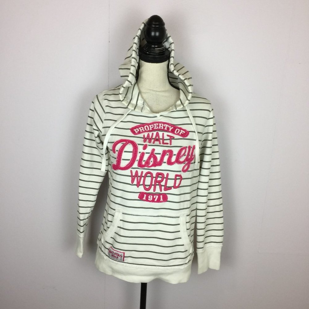 Disney World Park Sweatshirt Womens Size M Hooded Ivory Striped Pink Patch